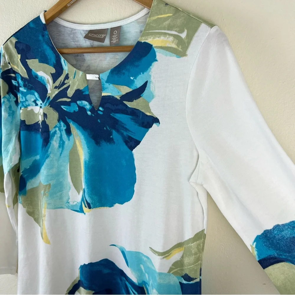 Chicos Iris Bloom Floral Petals Modal Cotton Blend 3/4 Sleeve Tunic - Picture 10 of 11